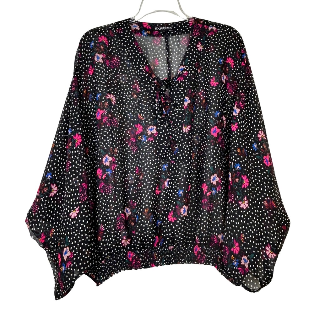 EXPRESS Black Floral Dot Lace Up‎ V Neck Blouse Kimono Sleeve Size Large